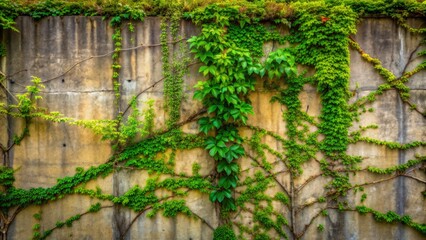 Old, weathered concrete wall overgrown with lush, vibrant green ivy vines, intricate patterns, and subtle cracks in a natural setting.