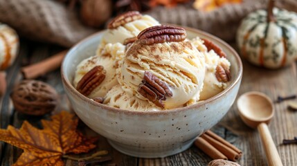 Delicious caramel pecan ice cream sprinkled with cinnamon, presented in a bowl on a wooden table adorned with autumn decorations. Ideal for dessert recipes and fall marketing