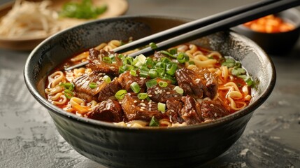 savory bowl of noodles featuring tender ribs, finely chopped green onions, and sprinkle of fresh coriander. The dish is presented with noodle chopsticks, creating appetizing and flavorful experience