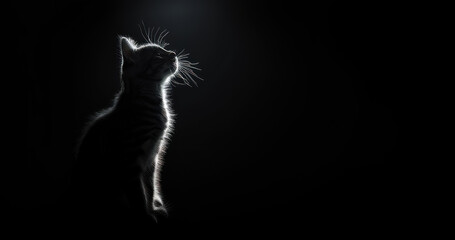 The silhouette of cat is beautifully outlined against black background, showcasing ethereal minimalism. This elegant design highlights only the outline of the head and neck, evoking grace and mystery