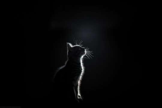 Outlined in striking manner against black background, silhouette of a cat showcases ethereal minimalism. This elegant design reveals head and neck, exuding a sense of mystery and grace