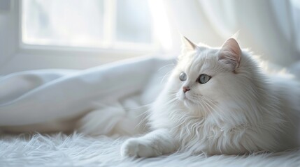 A fluffy white cat poses in a minimalist white room, embodying photorealism. The striking contrast of the cat&rsquo;s fur against the clean background adds depth to the scene