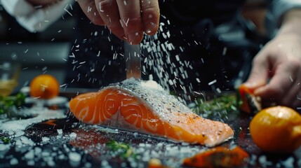 chef prepares salmon steak, process of sprinkling with spices and salt in a freeze motion, marinating salmon fish, adds herbs, seasoning. Long banner format, top view.