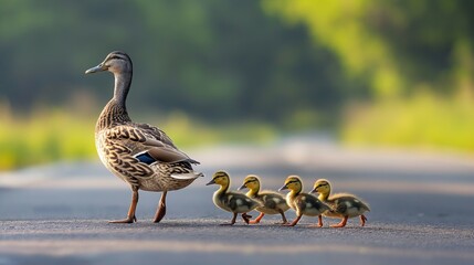 Mama duck and the ducklings crossing the road. 