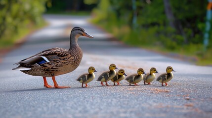 Mama duck and the ducklings crossing the road. 