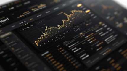 A sleek black and gold themed landing page designed for a stock trading company, featuring modern stock market elements and sophisticated graphics that enhance user experience and engagement