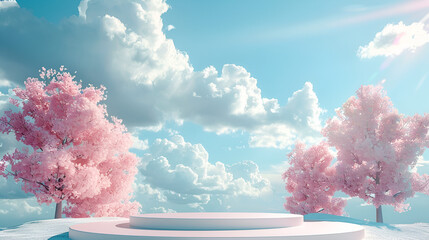 serene setting with a vacant platform for merchandise or displays