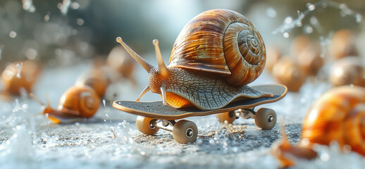 A snail rides a skateboard, lifting the front wheels to demonstrate the rapid acceleration of a slow process. This playful image conveys themes of speed, transformation, and unexpected energy