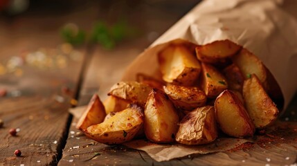 Delicious savory potato wedges spilling from paper roll