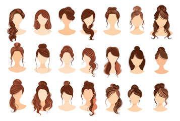Women hairstyles. Woman haircut girl hair coiffure brunette female face head model for hairdresser set cartoon flat vector illustration