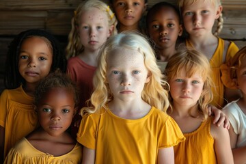 Obraz premium group adorable children from various nationalities skin colors stand together, posing for camera. albino girl is hugging her friends, showcasing albinism and diversity people