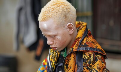 Beautiful portrait of African albino boy, celebrating unique features of albinism. Ideal for use in educational content and campaigns promoting diversity and inclusion