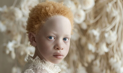 Fototapeta premium Portrait of African albino boy, showcasing the unique features and beauty of albinism. This image emphasizes importance of diversity inclusion. Suitable for educational awareness campaigns
