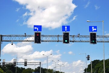 Crossroads with traffic lights and vehicle traffic directions