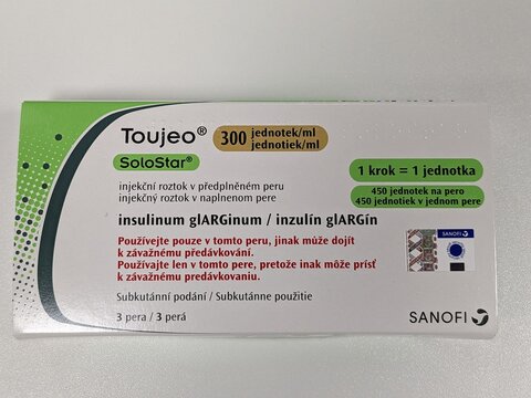 Prague, Czech Republic - July 10 2024: Toujeo SoloStar box of medication with insulin glargine active substance by Sanofi, used for treatment of diabetes mellitus and blood sugar control.