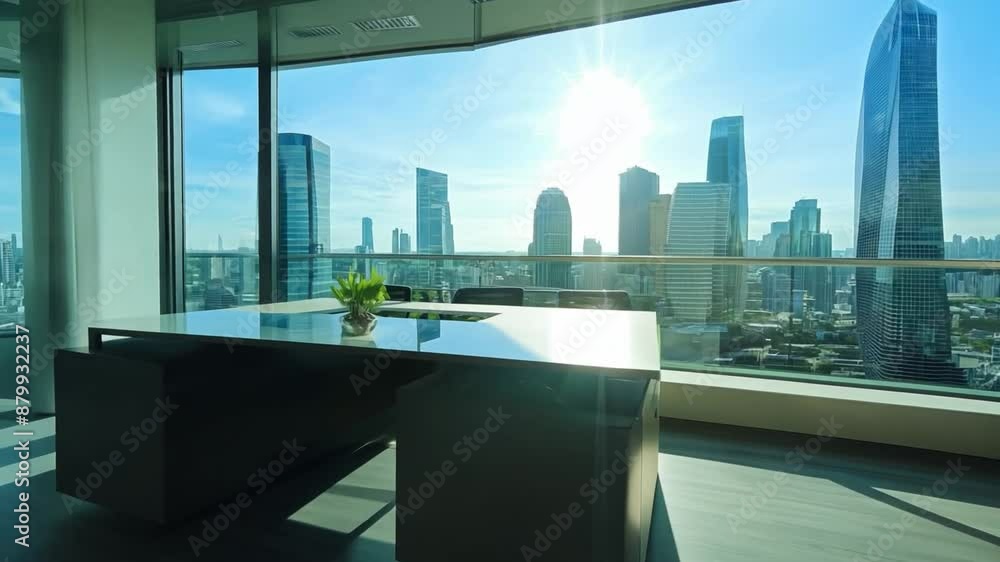 Poster a large desk with a plant on it sits in front of a large window with a view of a city skyline.