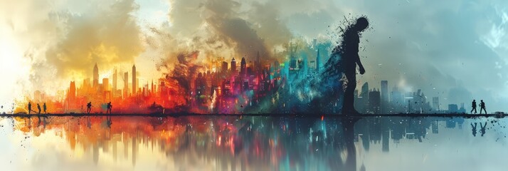 Vibrant cityscape with abstract human figure dissolving into colorful smoke, representing urban life and transformation.