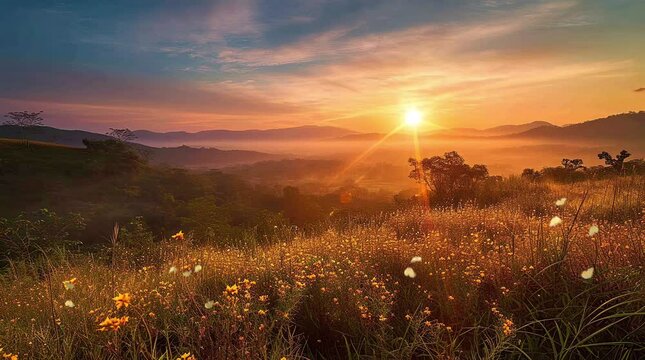 Golden grass field atop hill with waterfalls and vibrant sunrise sky creating breathtaking scenery
 Seamless looping 4k time-lapse virtual video animation background. Generated AI