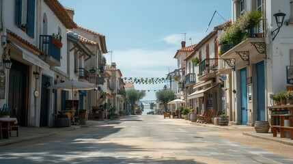 Fototapeta premium A vacant road lined with tables and chairs on each side and several structures on the opposite side