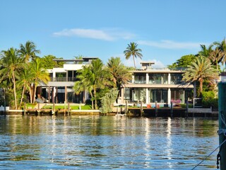 Miami Beach, Florida - Luxurious waterfront mansions at an affluent neighborhood along Indian Creek.