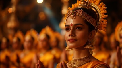 A woman in elaborate costume looks up with a serene expression during a Ram Leela performance