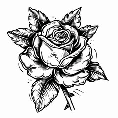 Fototapeta premium A black and white drawing of a rose with a stem. The rose is the main focus of the drawing and is surrounded by a leaf. The drawing has a vintage feel to it, and the black