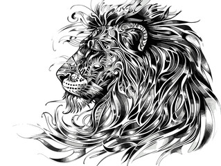 A lion with a mane of hair and a beard. The lion is black and white