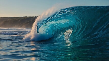 The beach, the water receding one huge blue wave is about to smother the blue wave is awesome
