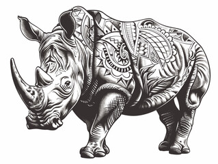 Fototapeta premium A rhino with a tattoo on its face. The tattoo is a pattern of flowers and leaves