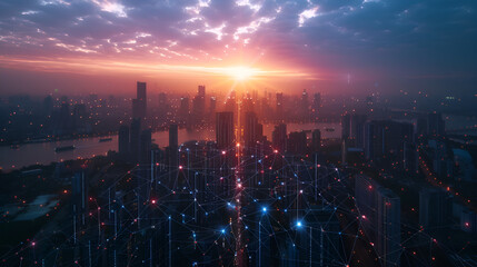 Fototapeta premium Wireless mobile communication network above the city