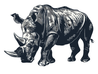 Fototapeta premium A black and white drawing of a rhino with its head down. The rhino is eating something