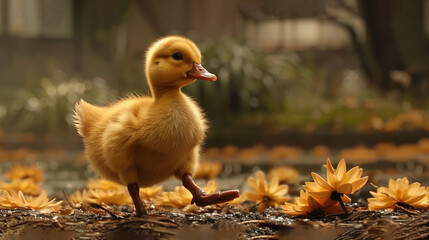   A close-up of a small yellow duck near a body of water with flowers in the foreground and a building in the background