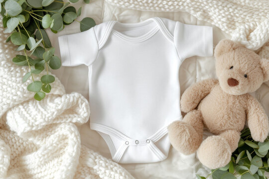 Blank white cotton baby short sleeve bodysuit, cute toy bear and green eucalyptus branch on white knitted blanket on bed. Blank infant onesie mockup template. Top view