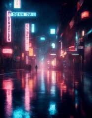 Fototapeta premium illustration night street cyberpunk reflected landscape cityscape futuristic lights scene style pavement rainy 3d t photorealistic empty city neon