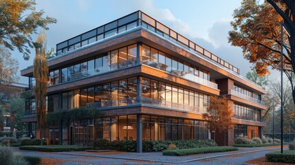 Obraz premium Glass office building at twilight with innovative design and elegant interiors, creating a minimalist atmosphere