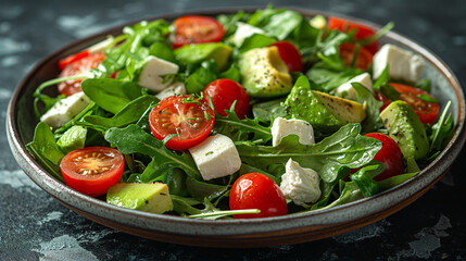 A telephoto angle photo of a summer salad with arugula, cherry tomatoes, avocado, and feta cheese, with copy space