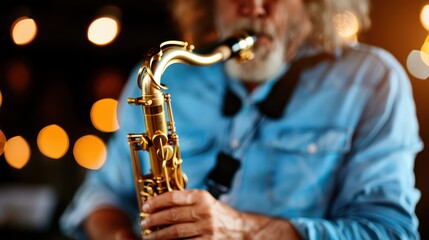 Fototapeta premium A person wearing a blue shirt passionately plays a golden saxophone amidst warm lights and a blurred background, capturing the essence of live music performance.