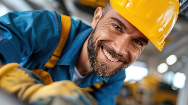A construction worker focused on his task, with protective gear including a yellow hard hat and gloves, set in an outdoor construction site with equipment in the background.