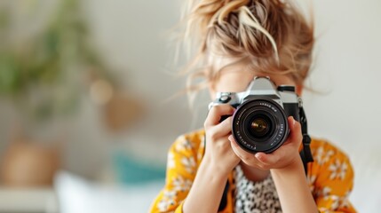 A captivating image of a young girl using a modern camera to photograph, showcasing her artistic interests and passion for capturing moments, reflecting the enthusiasm of youth in photography.