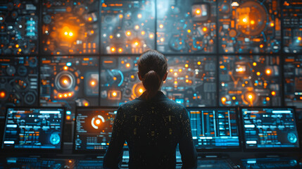 Obraz premium a smart woman Is working in front of big computers with data analysis in office, 3D future technology concept, blur effect in the backgraund 