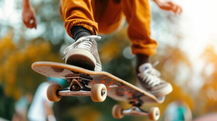 A close-up shot of a skateboarder mid-air performing a trick, capturing the energy, skill, and adrenaline rush associated with the dynamic sport of skateboarding.