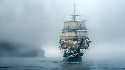 Fototapeta premium An antique frigate navigating through a fog bank