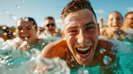 A young man enthusiastically smiles while splashing water in a pool, capturing the joy and excitement of a summer day. His energetic expression is contagious.