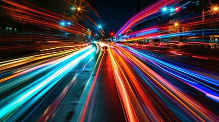 Obraz premium A mesmerizing shot of the dynamic high-speed colorful light trails on the street 