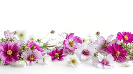 Obraz premium Close up of Fuchsia and White Cosmos Flowers on White Background with Depth of Field
