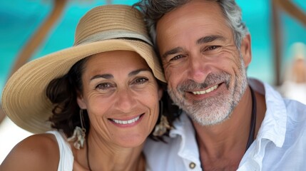 A laughing couple, wearing casual attire and straw hats, enjoy a sunny day at a beach, reflecting genuine happiness and simplicity of their moment together.