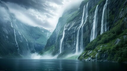 Fototapeta premium Stunning view of Sunnylvsfjorden fjord, with the iconic Seven Sisters waterfalls cascading down the cliffs in Geiranger, Norway.