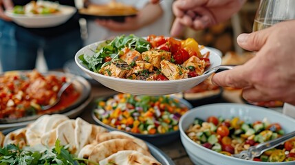 A hand holds a vibrant, fresh salad at a communal meal, symbolizing the joy and togetherness of sharing healthy, delicious food with friends and family at a gathering.