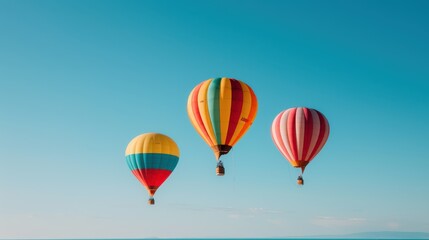 Fototapeta premium This image shows three hot air balloons gracefully floating against a clear blue sky, representing freedom, adventure, and the pure joy of flight in a tranquil setting.