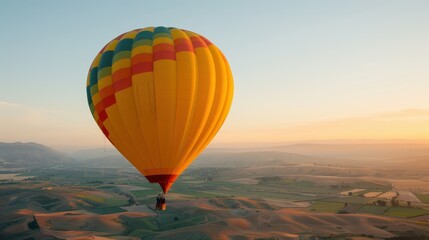 Obraz premium A stunning multicolored hot air balloon rises gracefully against the dawn sky, soaring over a vast and rolling landscape with hills and fields illuminated by the first light of day.